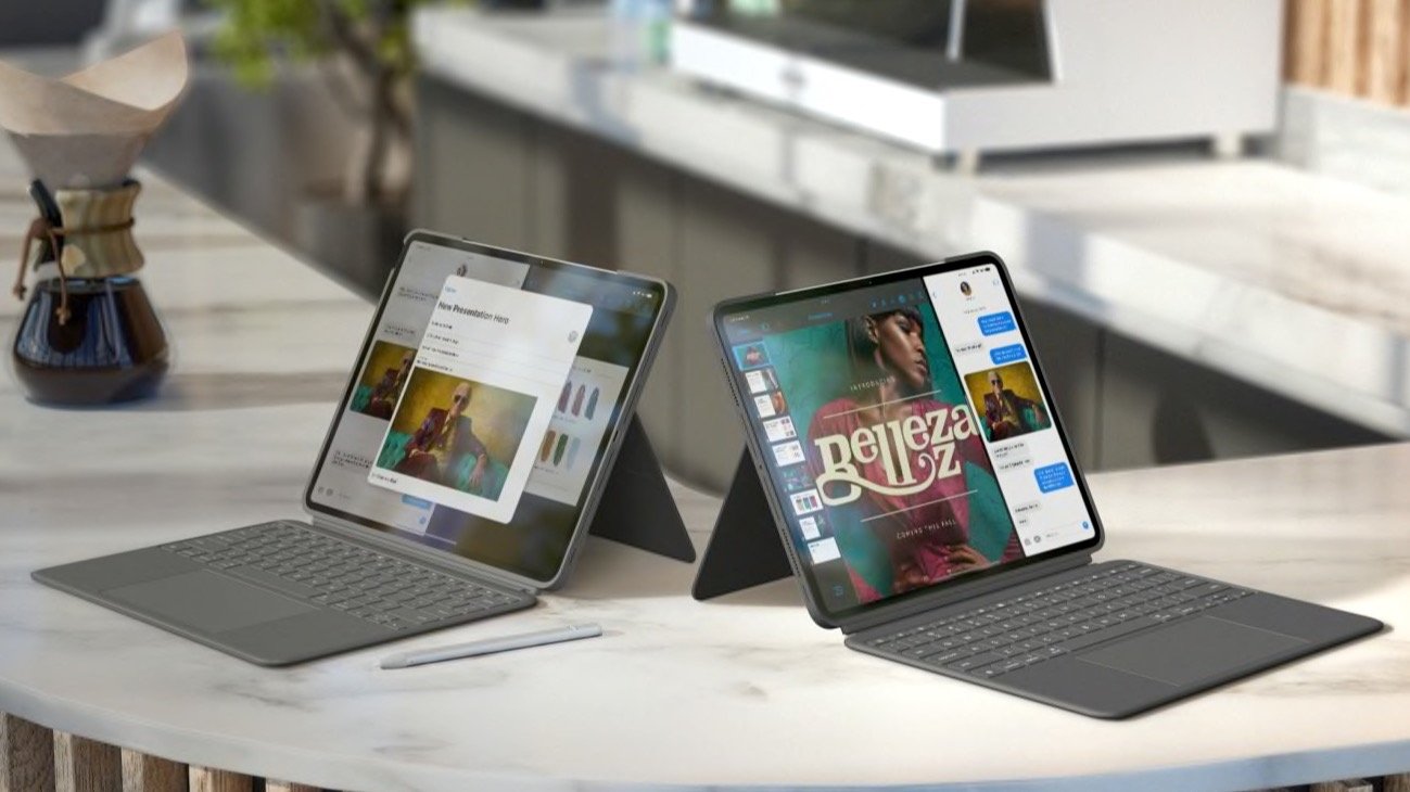 A kitchen counter with a coffeepot, and two iPads in keyboard cases