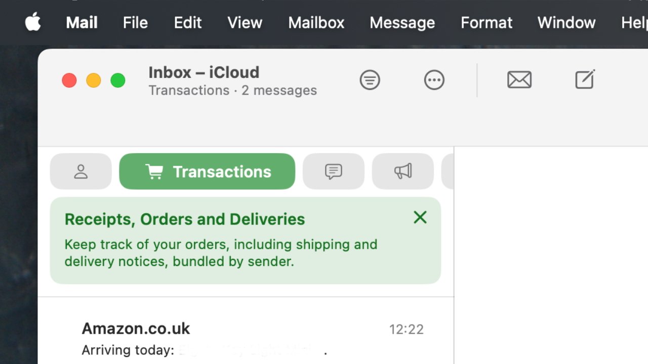 Email client interface showing notifications for transactions, receipts, orders, and deliveries. Menu bar includes Mail, File, and other options. The email is from Amazon.co.uk.