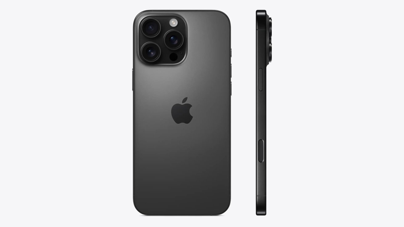 Dark gray smartphone featuring three-lens rear camera and Apple logo, shown from back and side views against a white background.