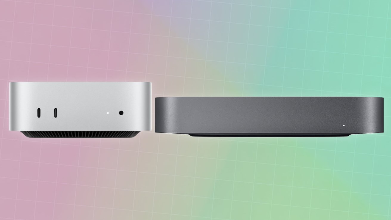 Two compact desktop computers side by side against a pastel gradient background with grid lines, displaying front ports and minimalist design.