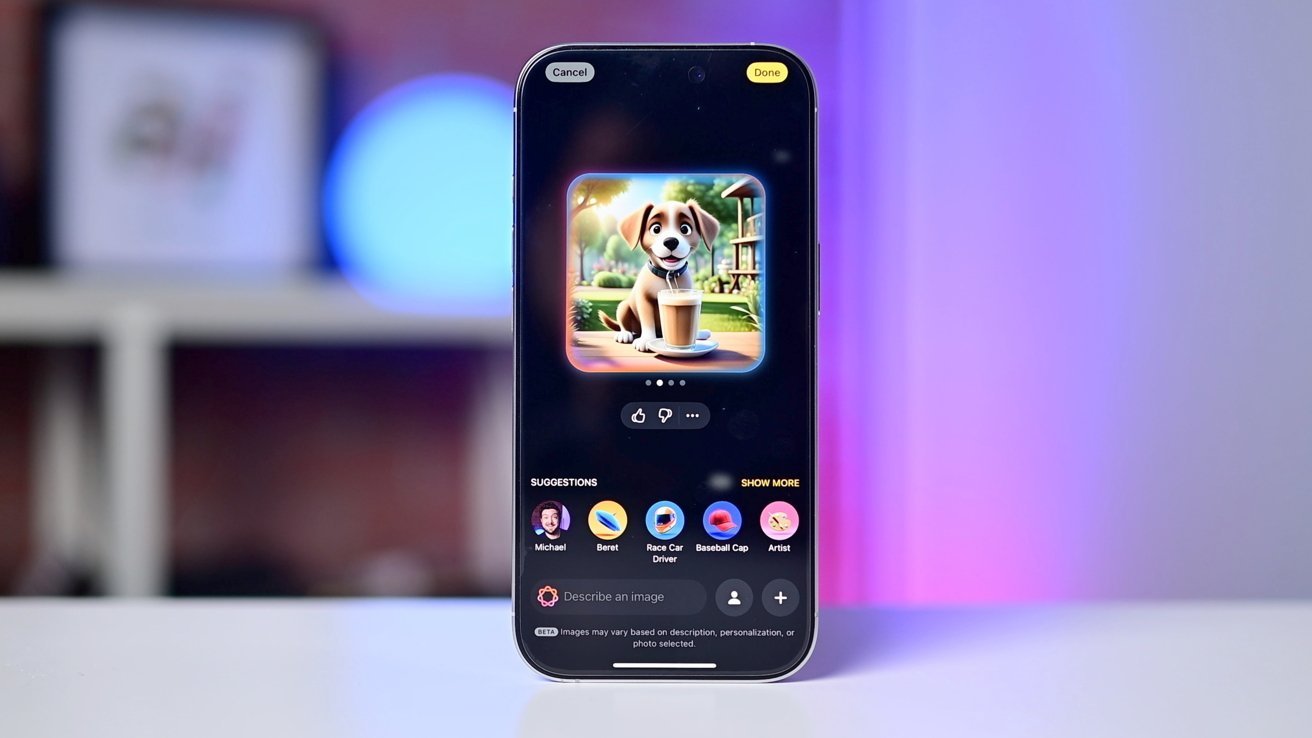 Smartphone displaying a cartoon dog next to a latte on the screen. Background features blurred shelves and a colorful gradient lighting effect.