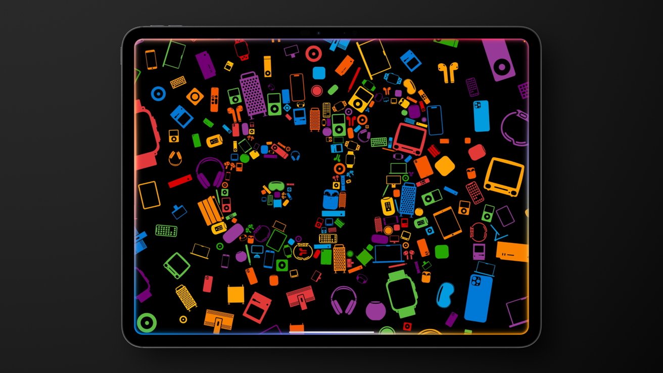 Colorful electronic device icons forming the number '25' on a black tablet screen.