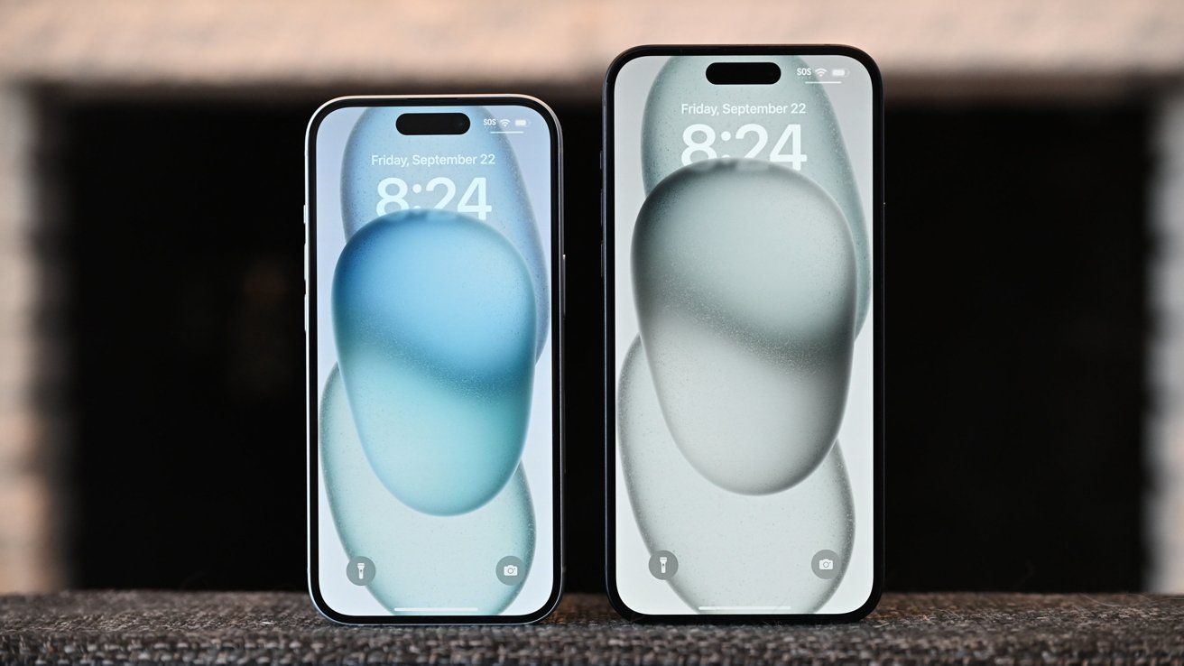 Two iPhone 15 models with large screens display abstract bubble backgrounds in blue and gray. Both show the time as 8:24 and the date as Friday, September 22.