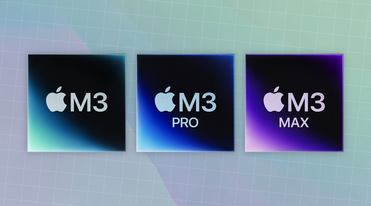 Three Apple M3 processor chips labeled M3, M3 Pro, and M3 Max against a gradient background.