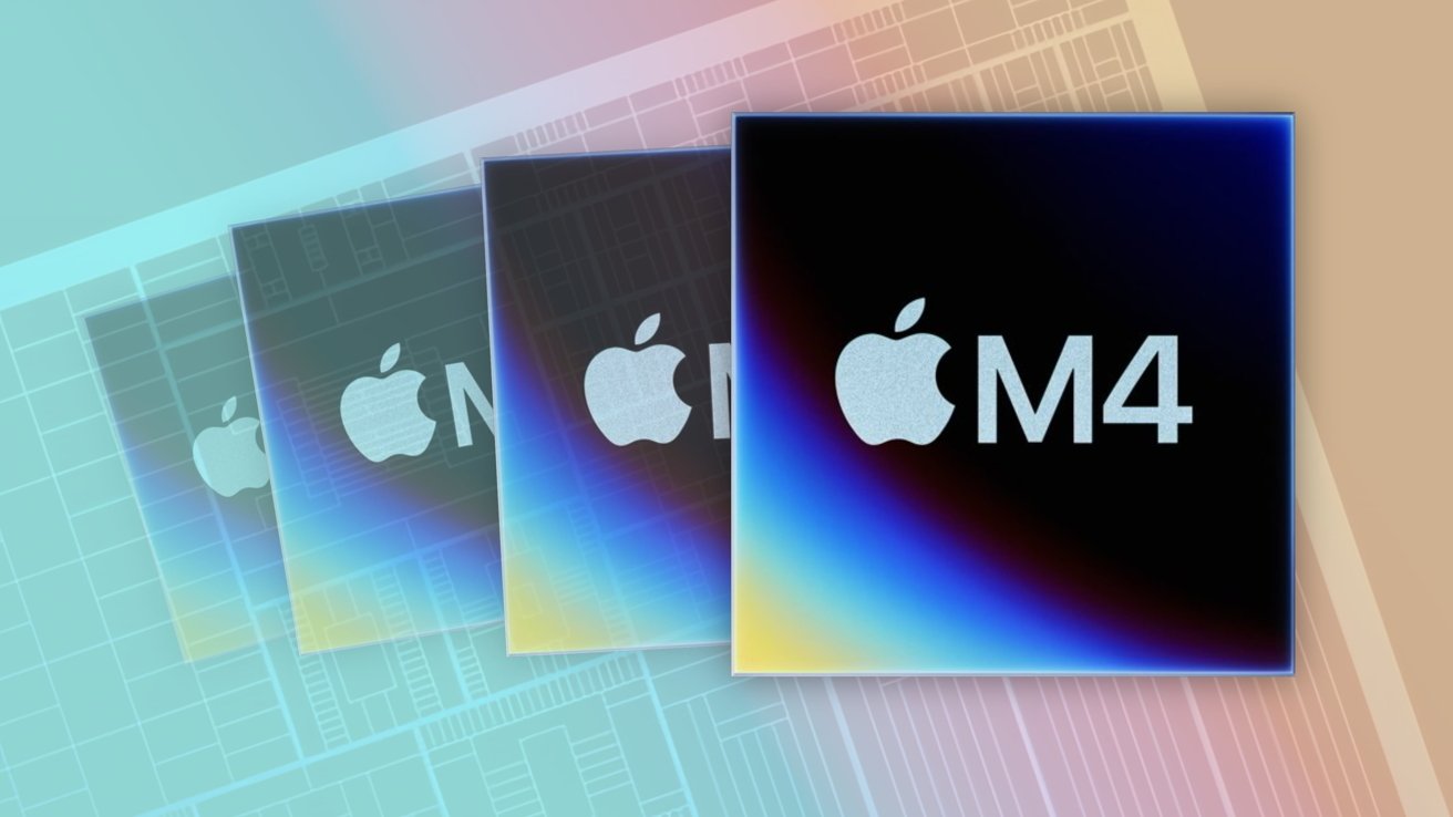 Apple M4 chip logo in white on a dark background with a colorful gradient overlay.