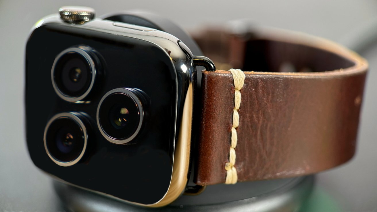 A close-up of a smart watch with three camera lenses and a leather strap with stitching.